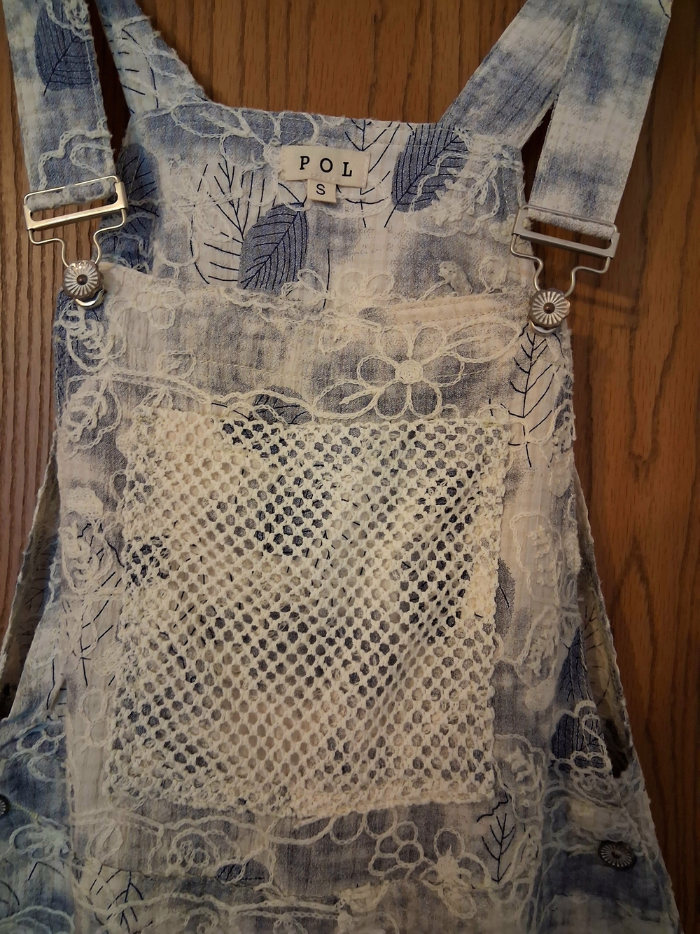 POL Blue and White Embroidered Wide-Leg Patchwork Overalls Sz S - Picture 8 of 16